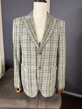 Mens Green Plaid Blazer Two-Button Sport Suit Jacket Coat Peak Lapel Size 40 NWT